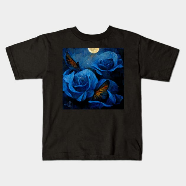 Butterfly at Blue Roses Kids T-Shirt by DarkAgeArt